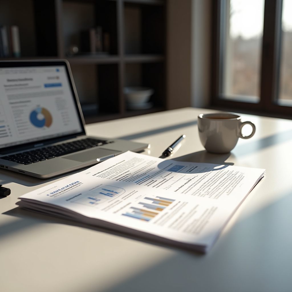 Professional podcast media kit document laid out on a desk with laptop showing the builder interface