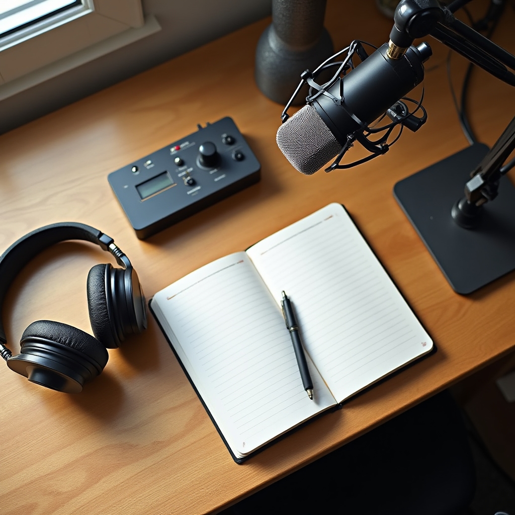 Compact podcast recording desk with microphone and audio interface under two hundred dollars