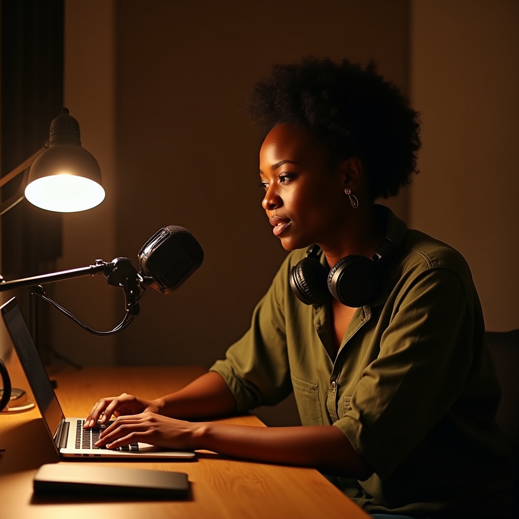 Independent podcast host recording in a minimalist home studio setup
